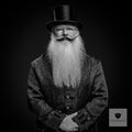 Bartträger mit Zylinder, Brille und langem weißem Bart, Schwarz-Weiß-Porträt für Blackbeards