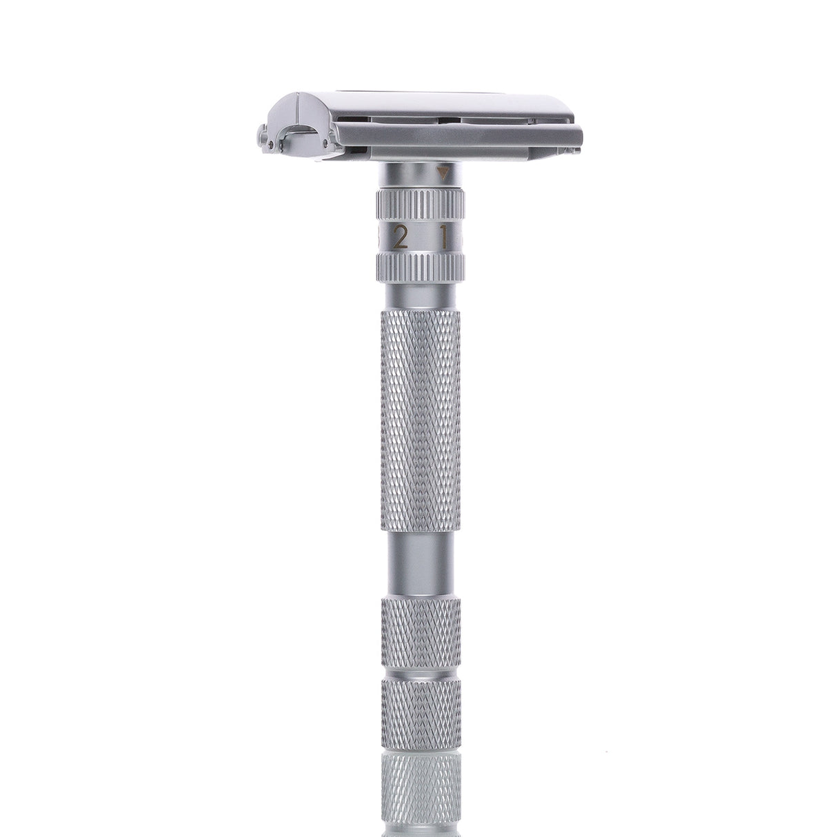 Rasierhobel Model T2 Brushed Chrome, geschlossener Kamm, Butterfly-Verschluss, Double Edge