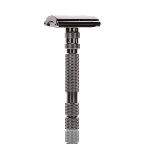 Rasierhobel Model T2 Gunmetal, geschlossener Kamm, Butterfly-Verschluss, Double Edge
